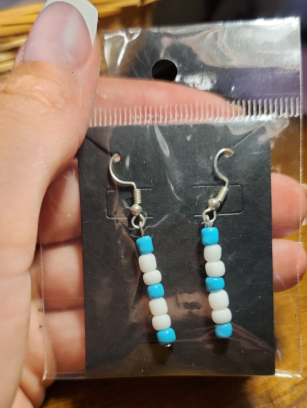 Beaded Blue & White Dangle Earrings - Lightweight Women Jewelry